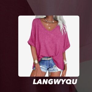 EUC Langwyqu Pink V Neck Oversized Tee Shirt